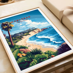 Carlsbad Wall Art featuring a vibrant illustration of the California coastline and palm trees.