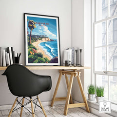 Carlsbad Wall Art displayed in a modern office setting, featuring vibrant coastal imagery and greenery.