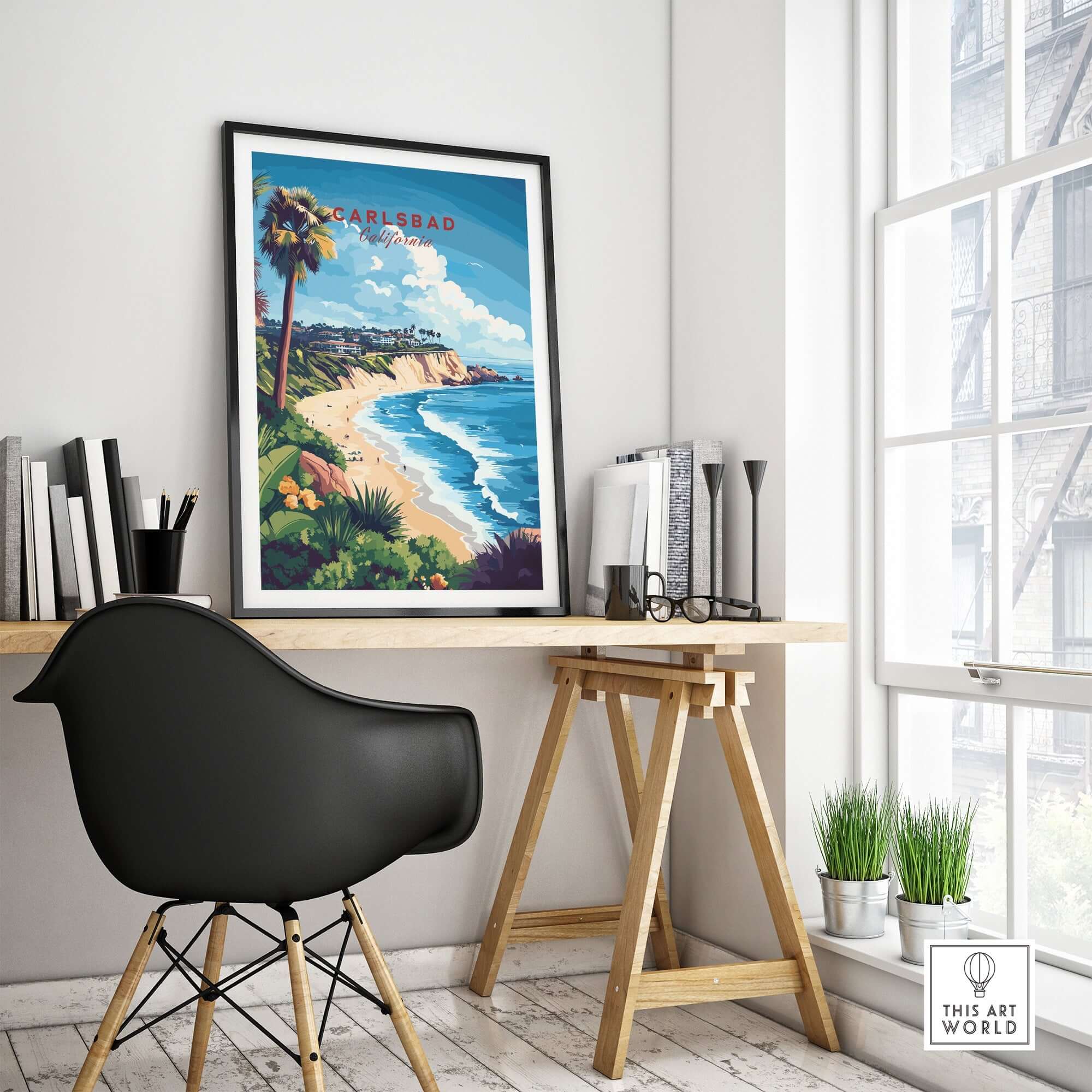 Carlsbad Wall Art displayed in a modern office setting, featuring vibrant coastal imagery and greenery.