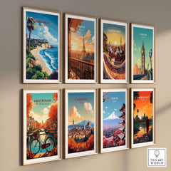Gallery of travel-themed wall art including Carlsbad Wall Art, Paris, Barcelona, London, Amsterdam, Florence, Tokyo.