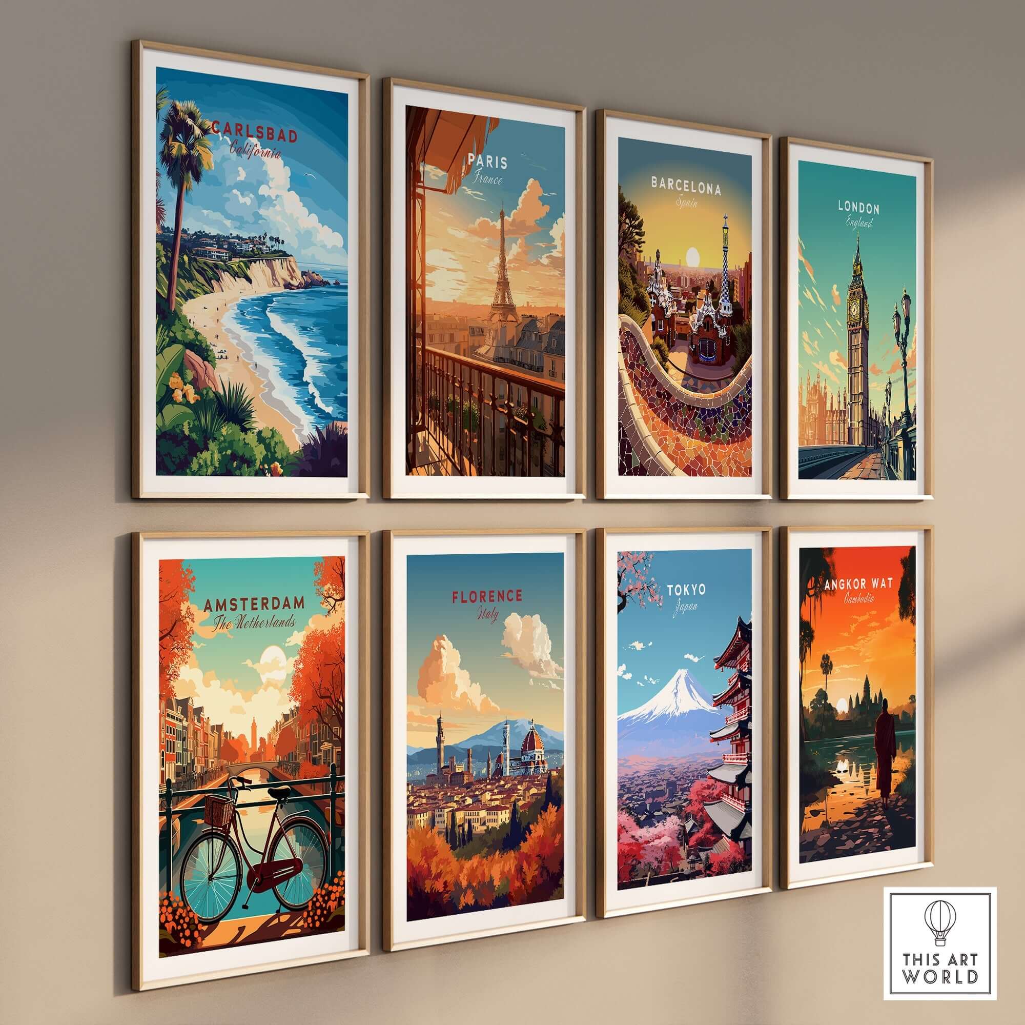 Gallery of travel-themed wall art including Carlsbad Wall Art, Paris, Barcelona, London, Amsterdam, Florence, Tokyo.