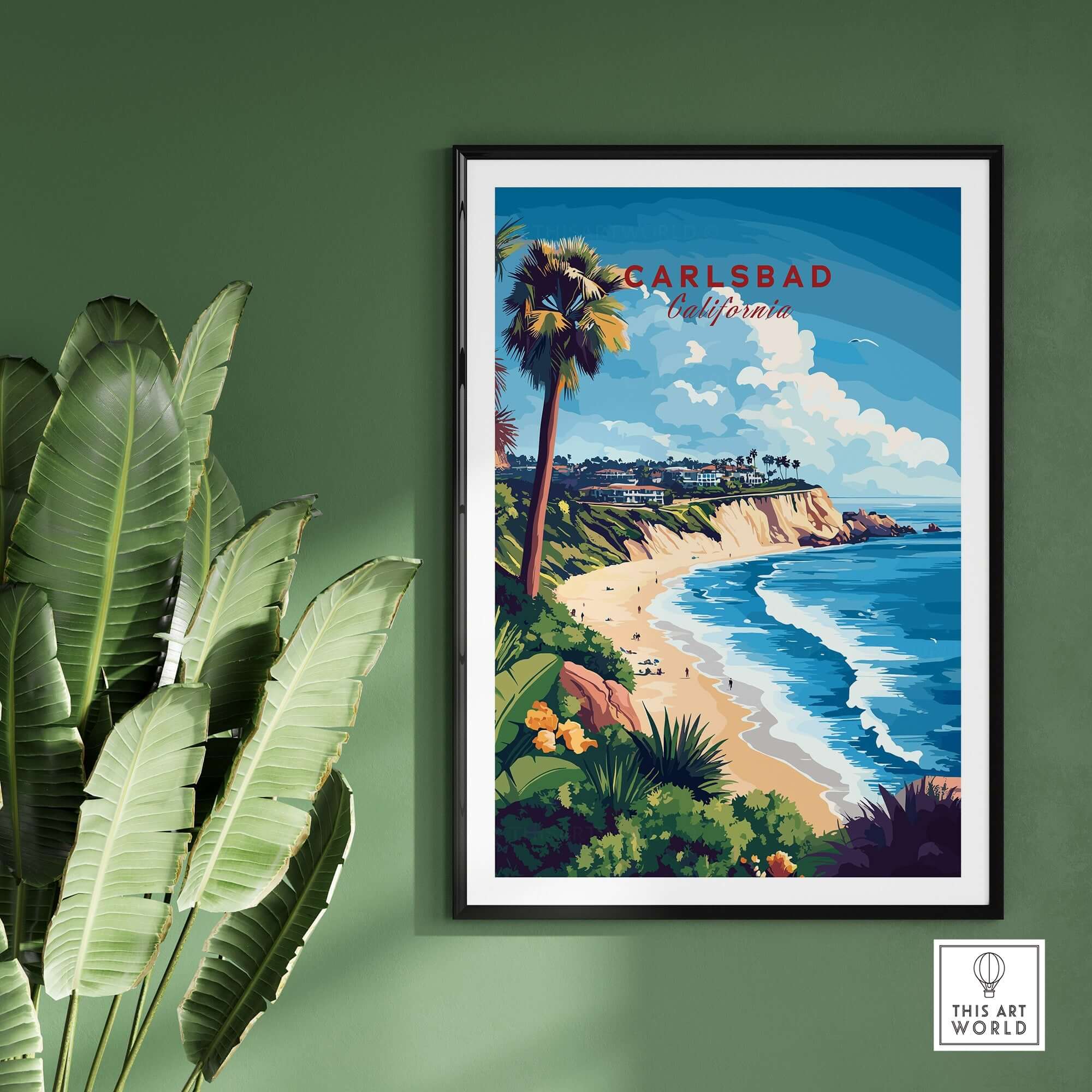 Carlsbad Wall Art showcasing a vibrant coastal scene with palm trees and ocean view, perfect for home decor.