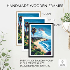 Handmade wooden frames in natural, white, and black showcasing Carlsbad Wall Art designs.