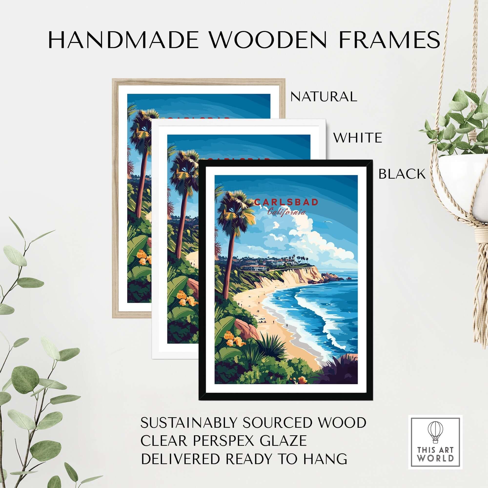 Handmade wooden frames in natural, white, and black showcasing Carlsbad Wall Art designs.