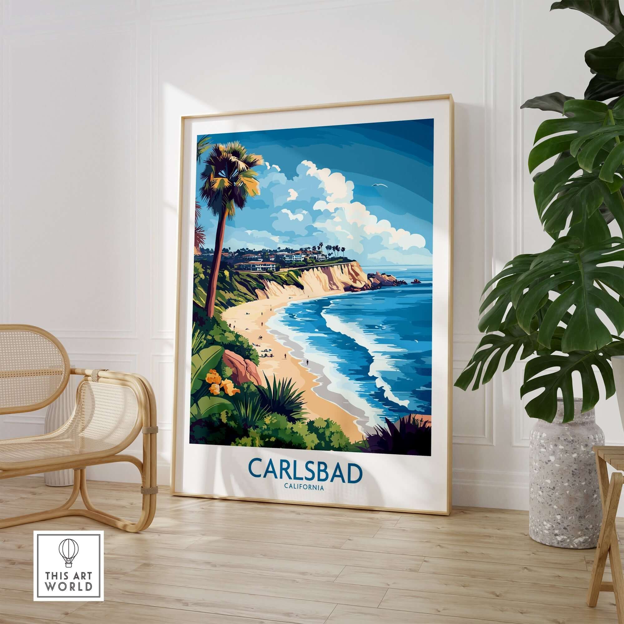 Carlsbad Wall Art Print featuring a vibrant coastal scene with palm trees and a beach in California.