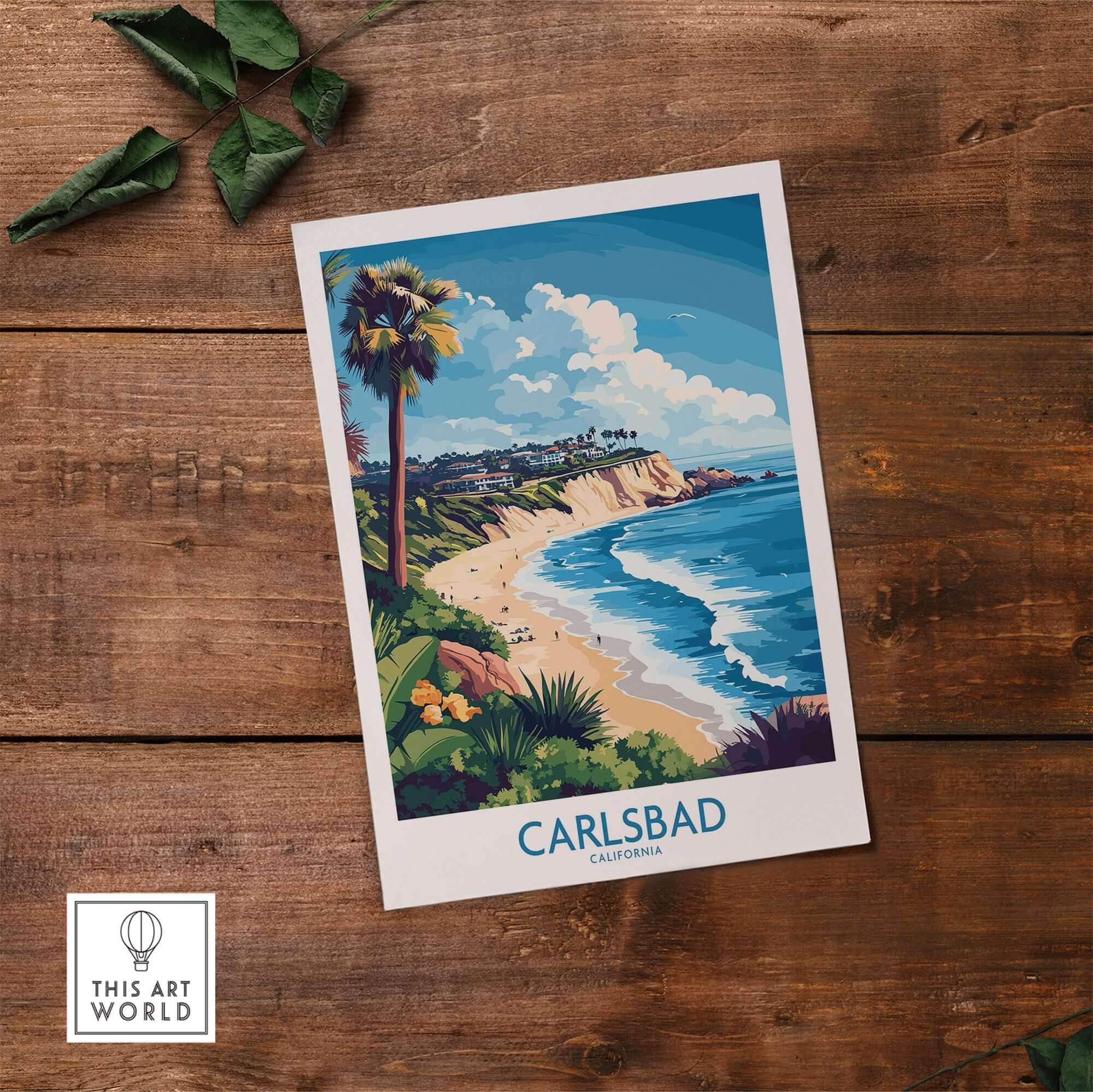 Carlsbad Wall Art Print featuring vibrant beach scenery and palm trees, capturing the essence of Carlsbad, California.