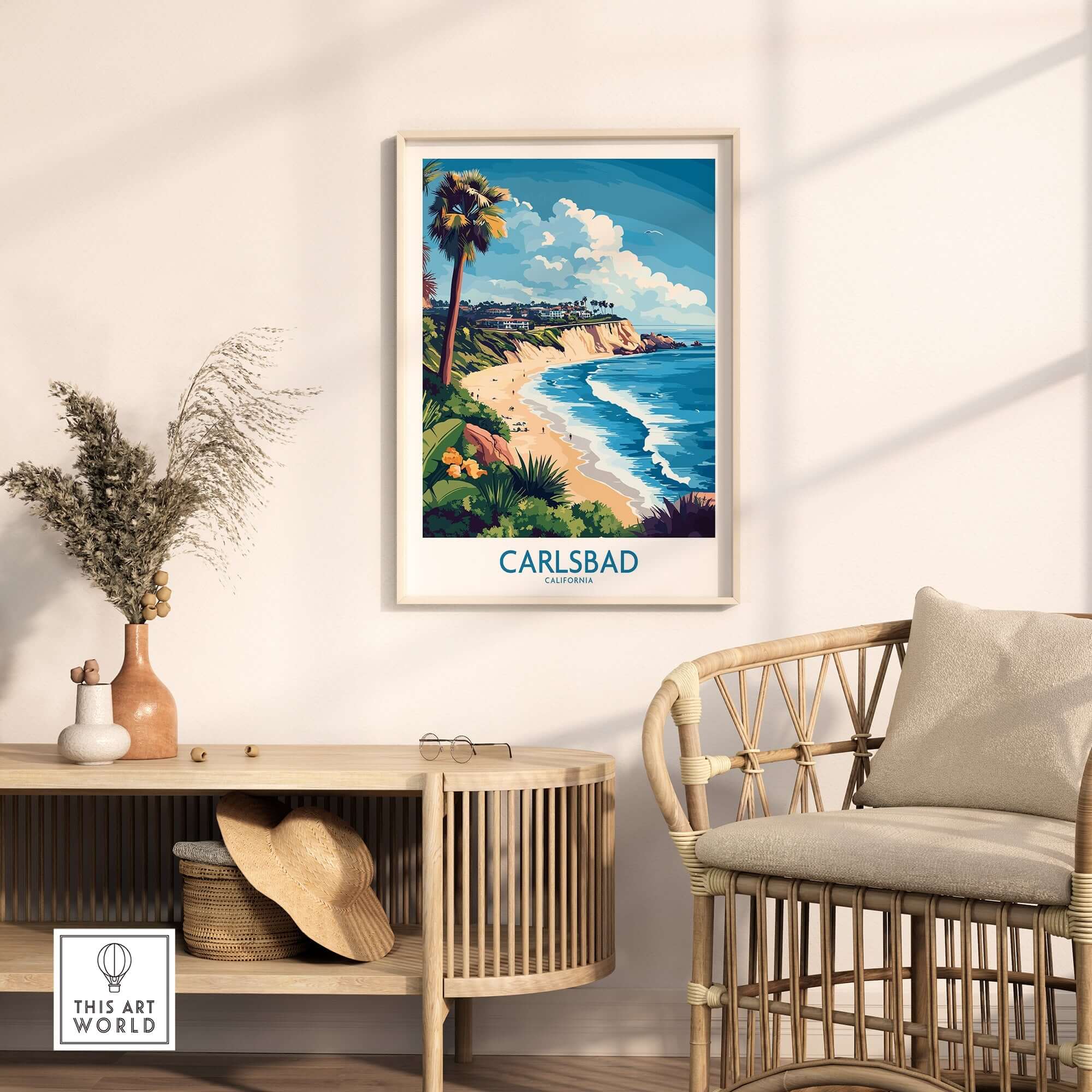 Carlsbad Wall Art Print showcasing a beach scene with vibrant colors and intricate details, perfect for home décor.
