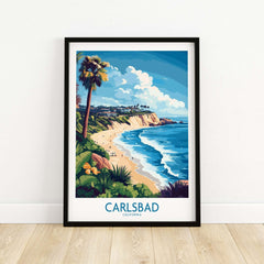 Carlsbad Wall Art Print depicting a vibrant coastal scene with palm trees and waves in California.
