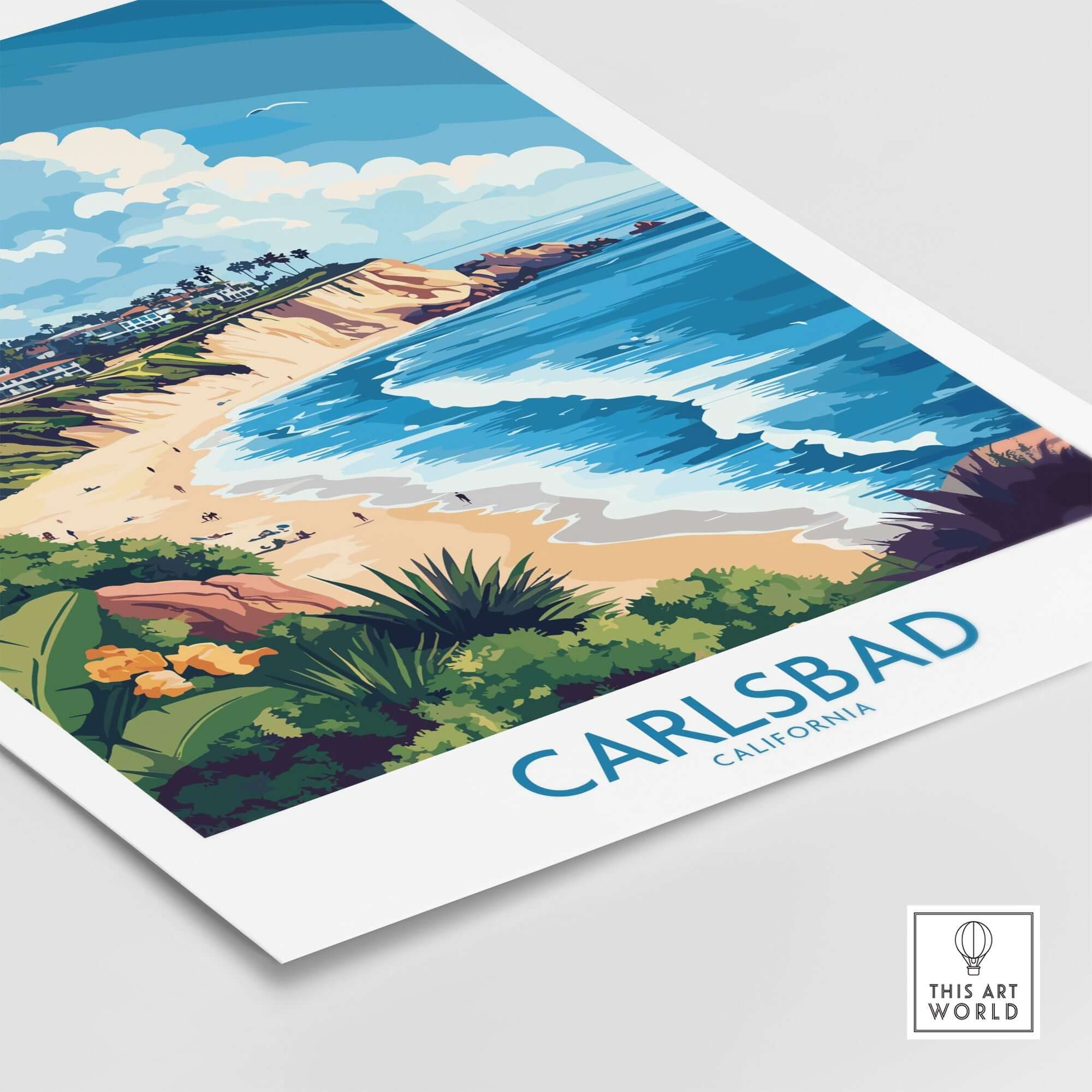 Carlsbad Wall Art Print featuring a vibrant beach scene with blue waves and lush greenery.