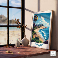 Carlsbad Wall Art Print featuring vibrant coastal scene, captured in a stylish indoor setting with a beach view.