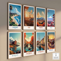 Carlsbad Wall Art Print showcasing vibrant coastal scenery and colorful designs from various cities.