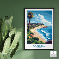 Carlsbad Wall Art Print featuring a vibrant beach scene of Carlsbad, California with palm trees and ocean waves.