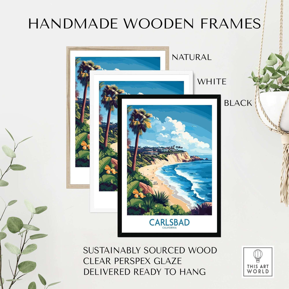 Carlsbad Wall Art Print displayed in three handmade wooden frames: natural, white, and black, perfect for home decor.