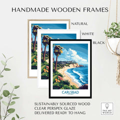 Carlsbad Wall Art Print displayed in three handmade wooden frames: natural, white, and black, perfect for home decor.