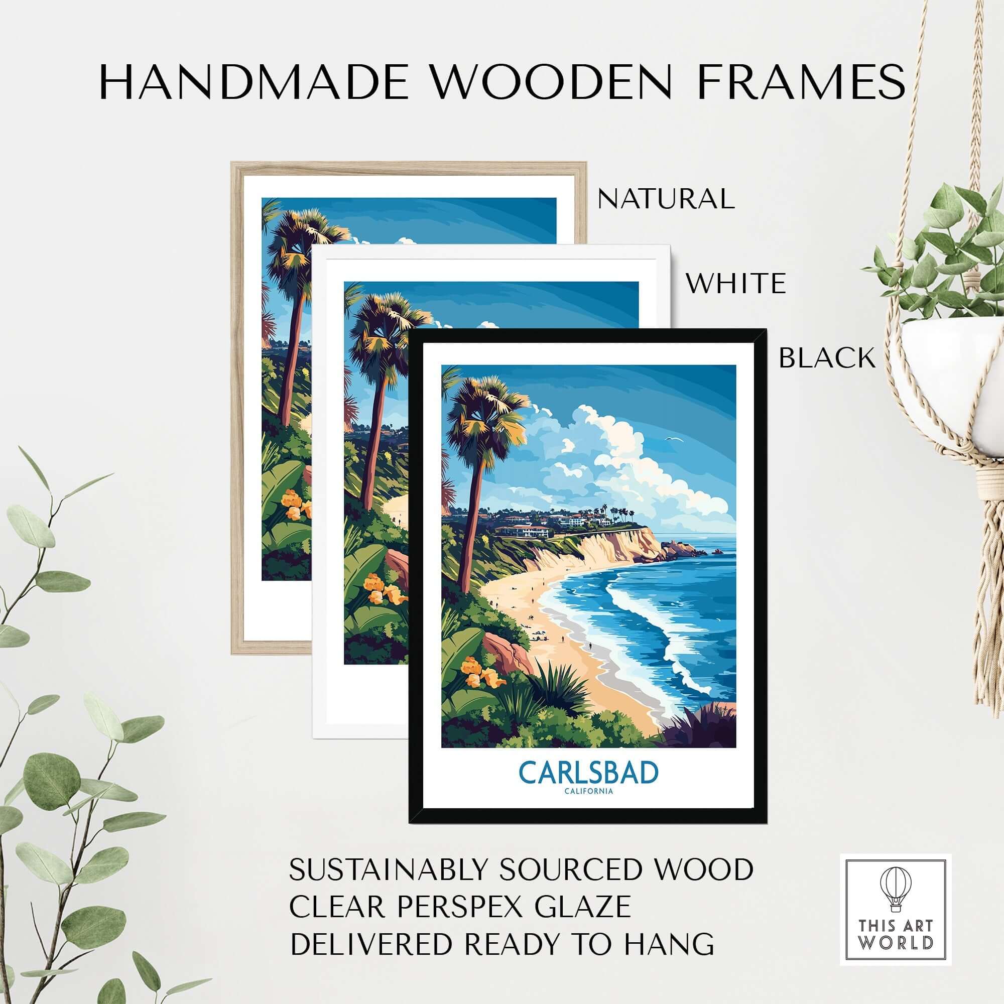 Carlsbad Wall Art Print displayed in three handmade wooden frames: natural, white, and black, perfect for home decor.