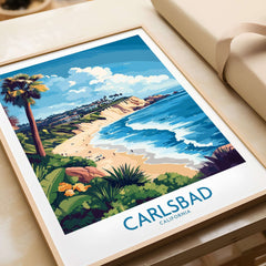 Carlsbad Wall Art Print featuring vibrant colors of the coastline and palm trees, perfect for any home decor.