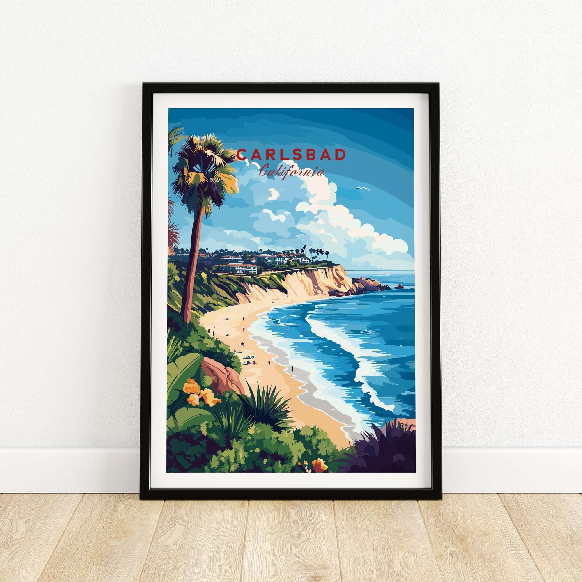 Carlsbad Wall Art showcasing a vibrant coastal scene of Carlsbad, California with palm trees and ocean views.