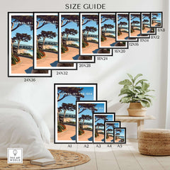 Carmel-by-the-Sea Poster Print size guide showcasing various frame dimensions for home decor.