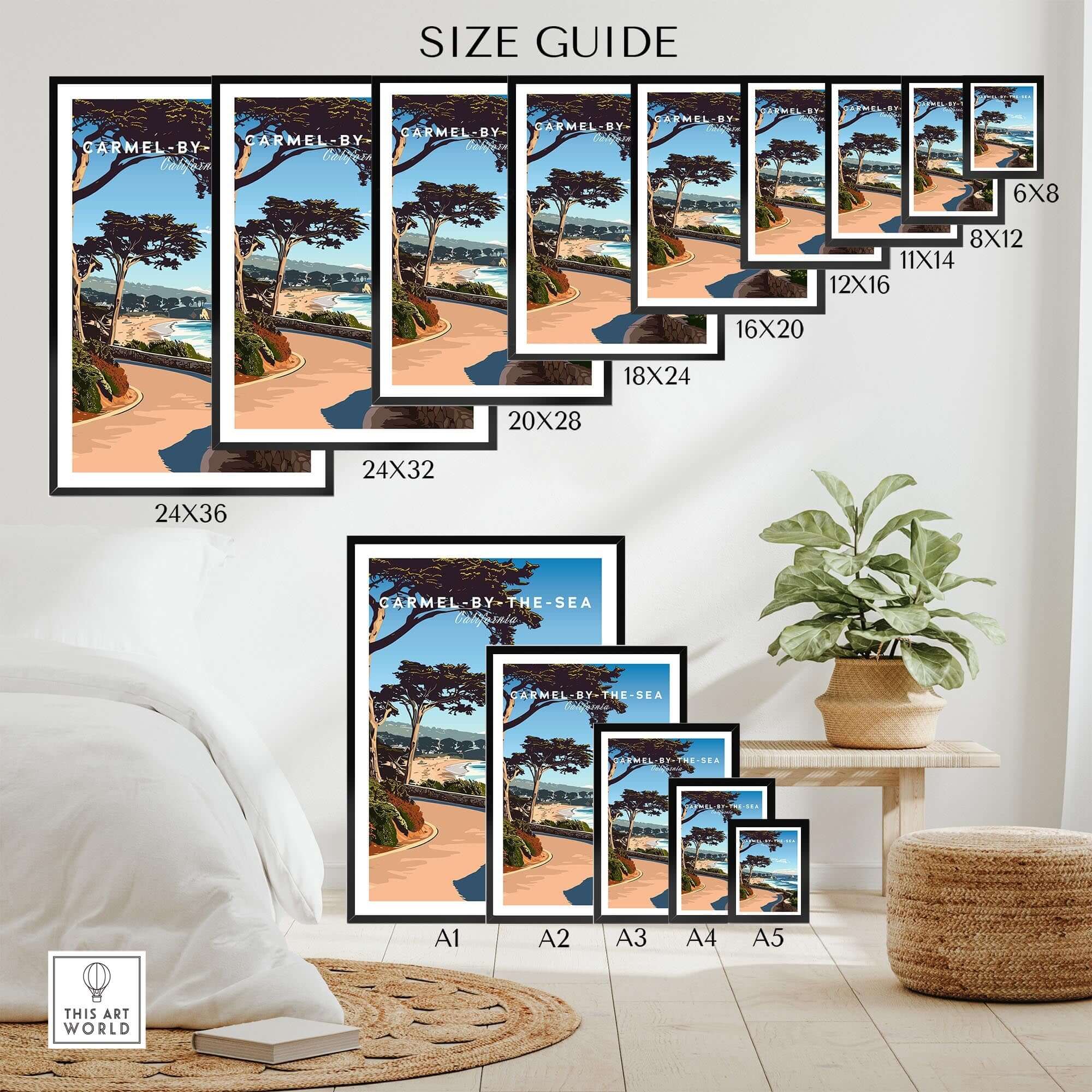 Carmel-by-the-Sea Poster Print size guide showcasing various frame dimensions for home decor.