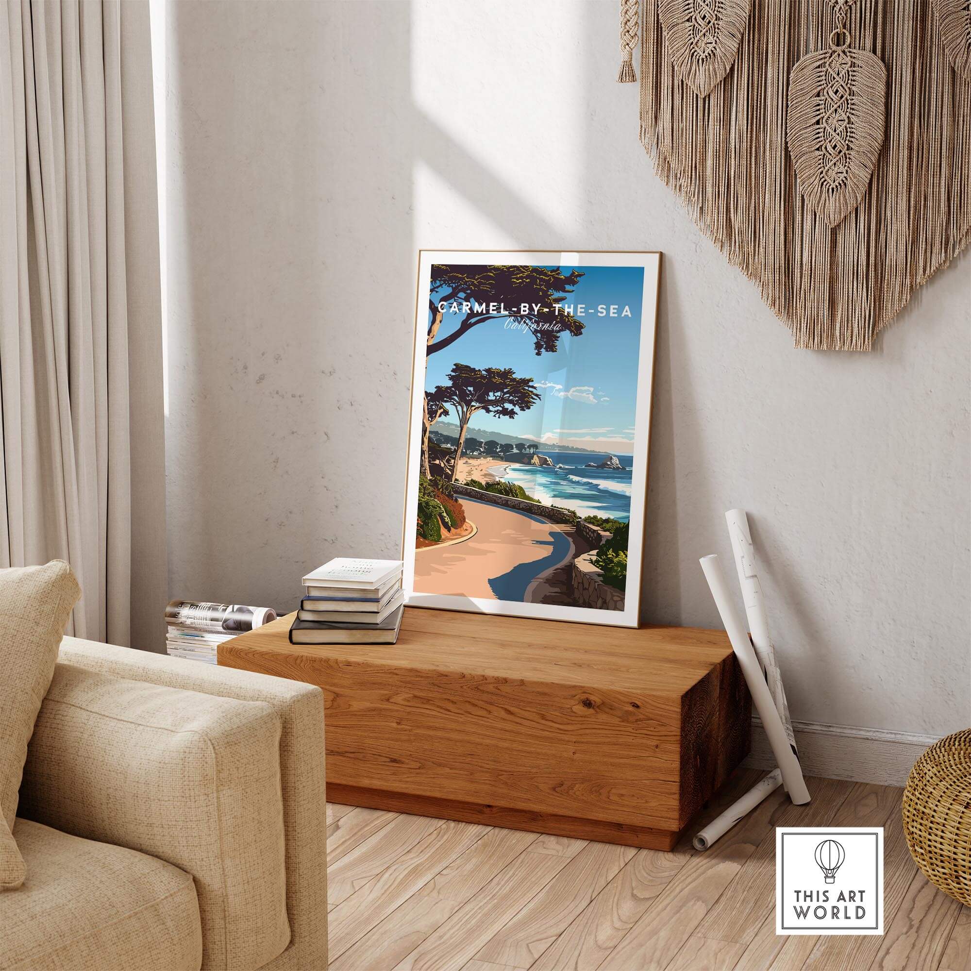 Carmel-by-the-Sea Poster Print displayed in a cozy living room setting, showcasing California's coastal beauty.