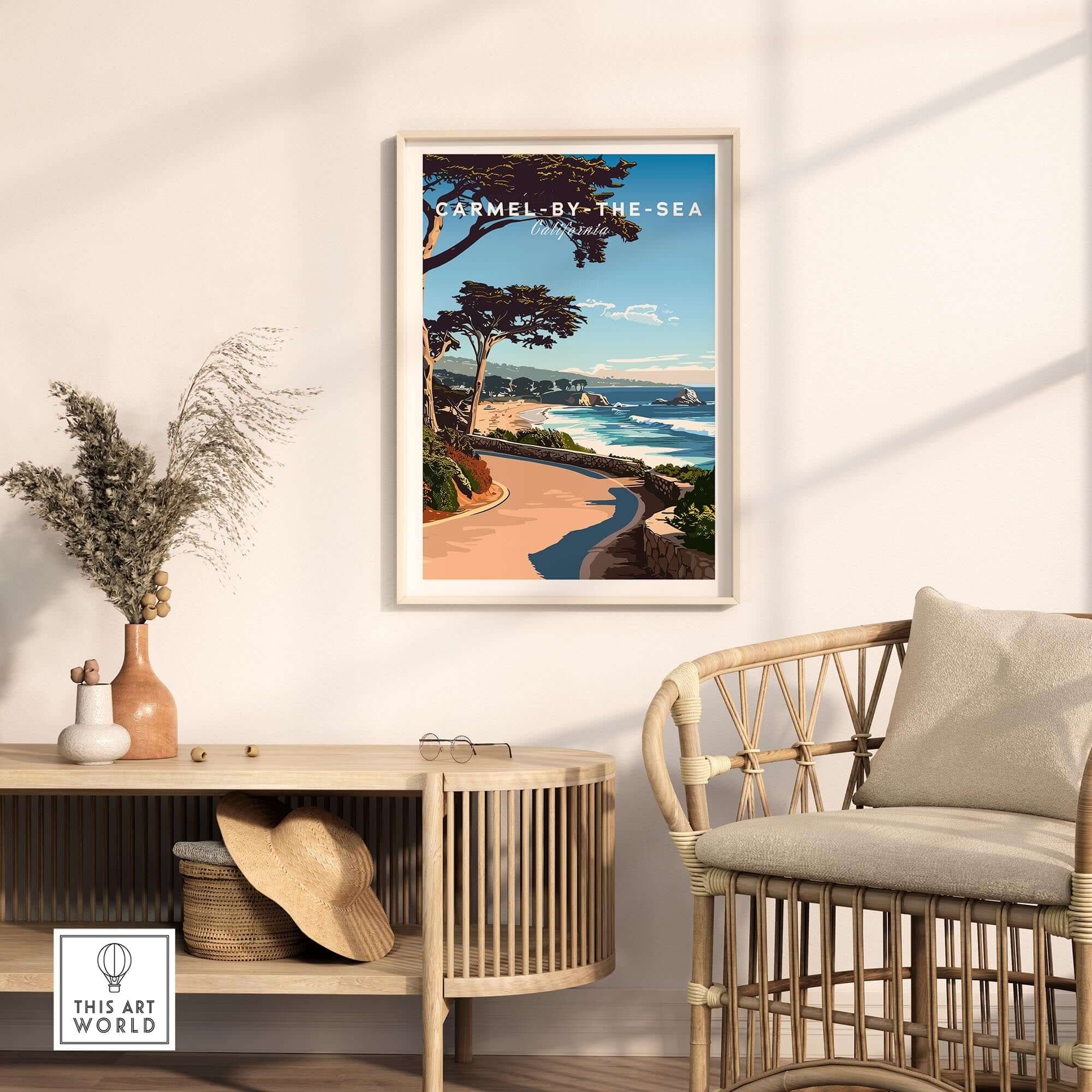Carmel-by-the-Sea Poster Print showcasing a beautiful coastal landscape in an elegant home setting.