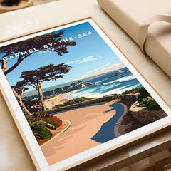 Carmel-by-the-Sea Poster Print showcasing California's coastal beauty and vibrant landscapes.