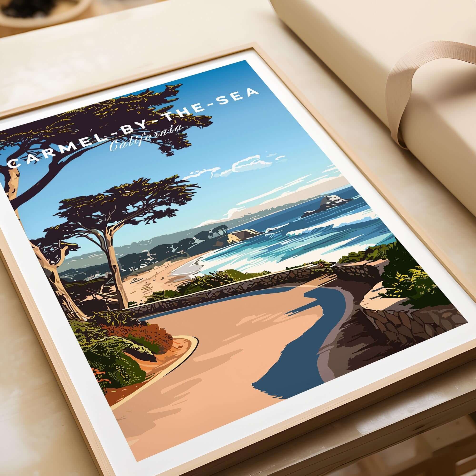 Carmel-by-the-Sea Poster Print showcasing California's coastal beauty and vibrant landscapes.