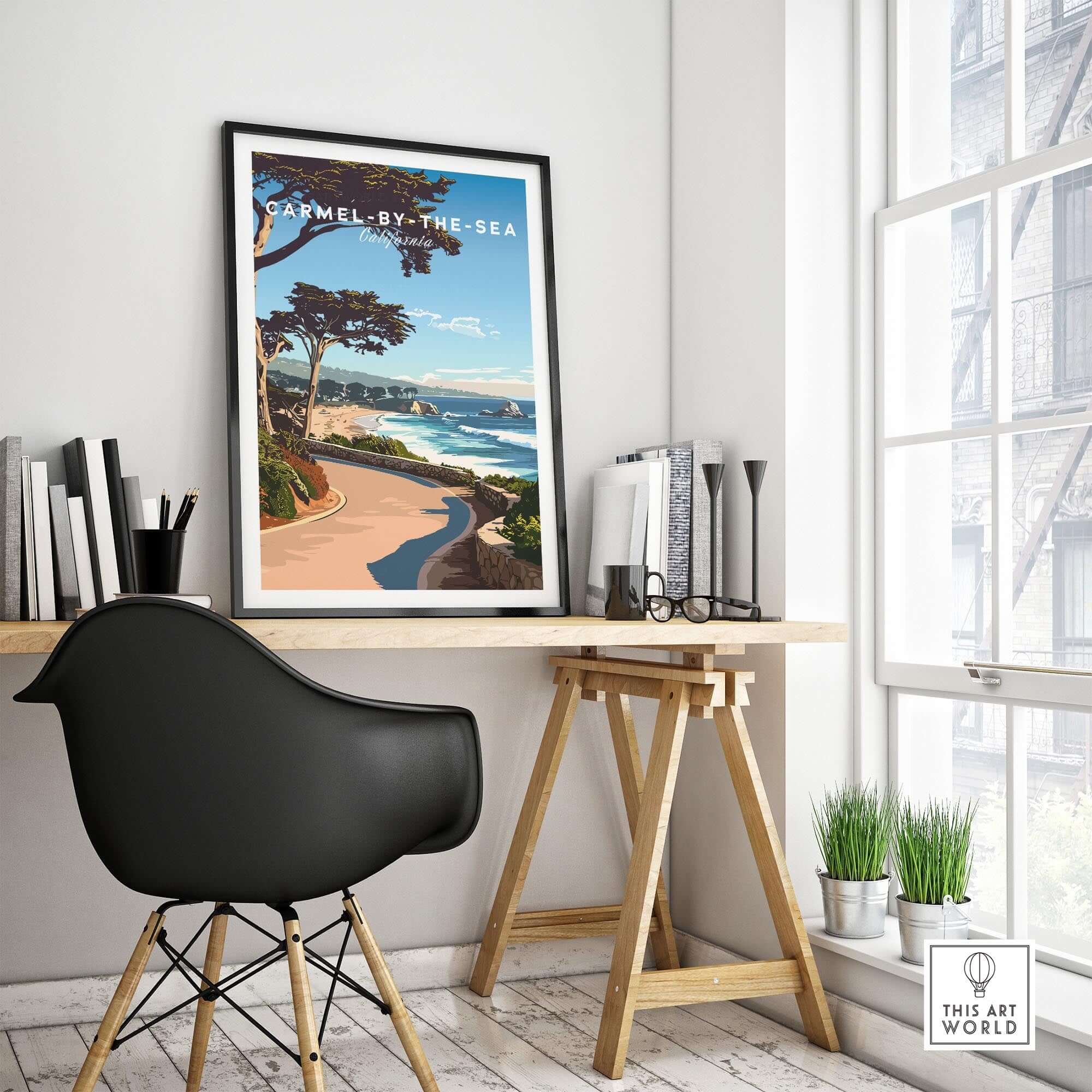 Carmel-by-the-Sea Poster Print displayed in a cozy workspace with a scenic coastal view.