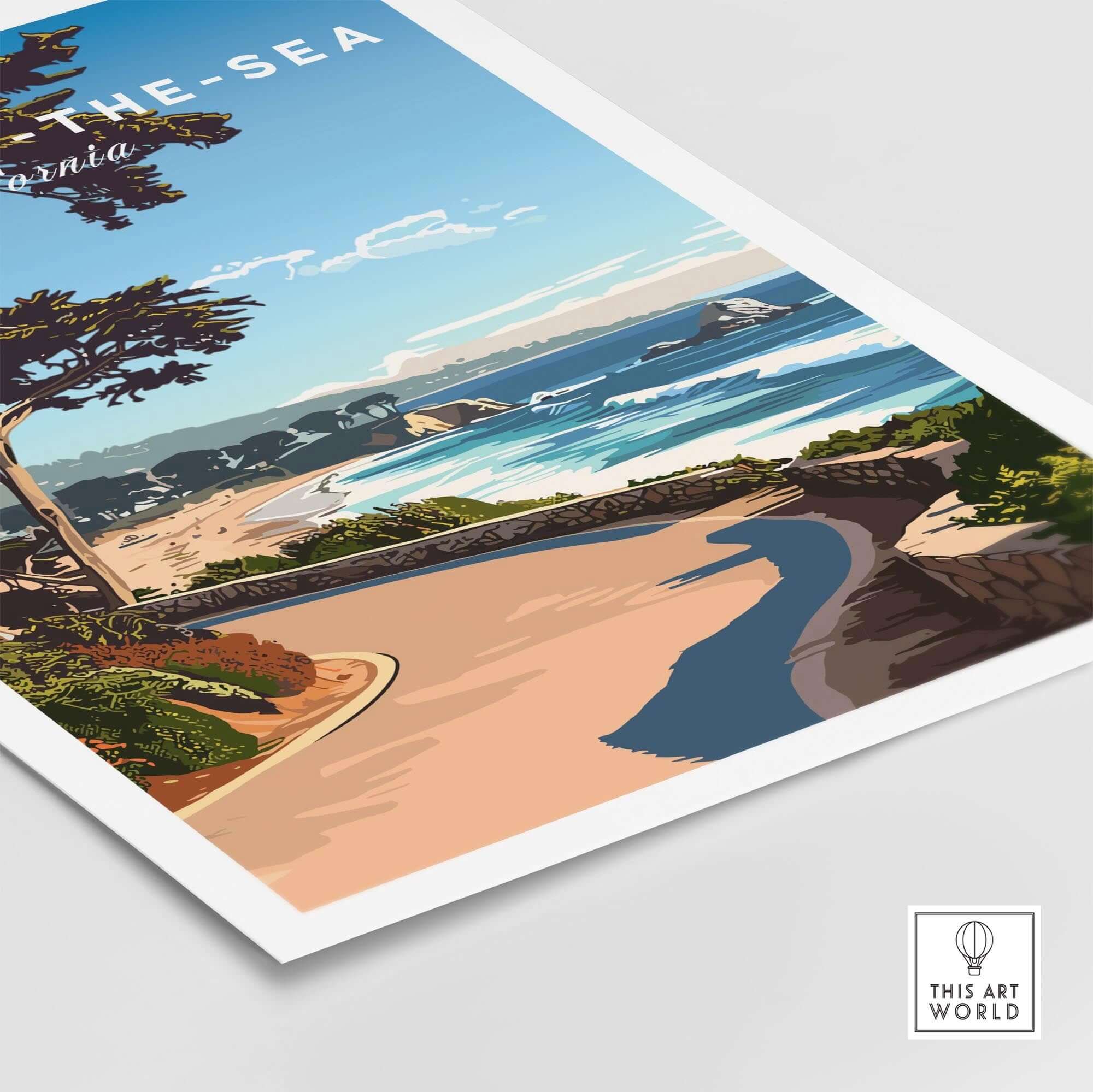 Carmel-by-the-Sea Poster Print showcasing a picturesque coastal scene in California.