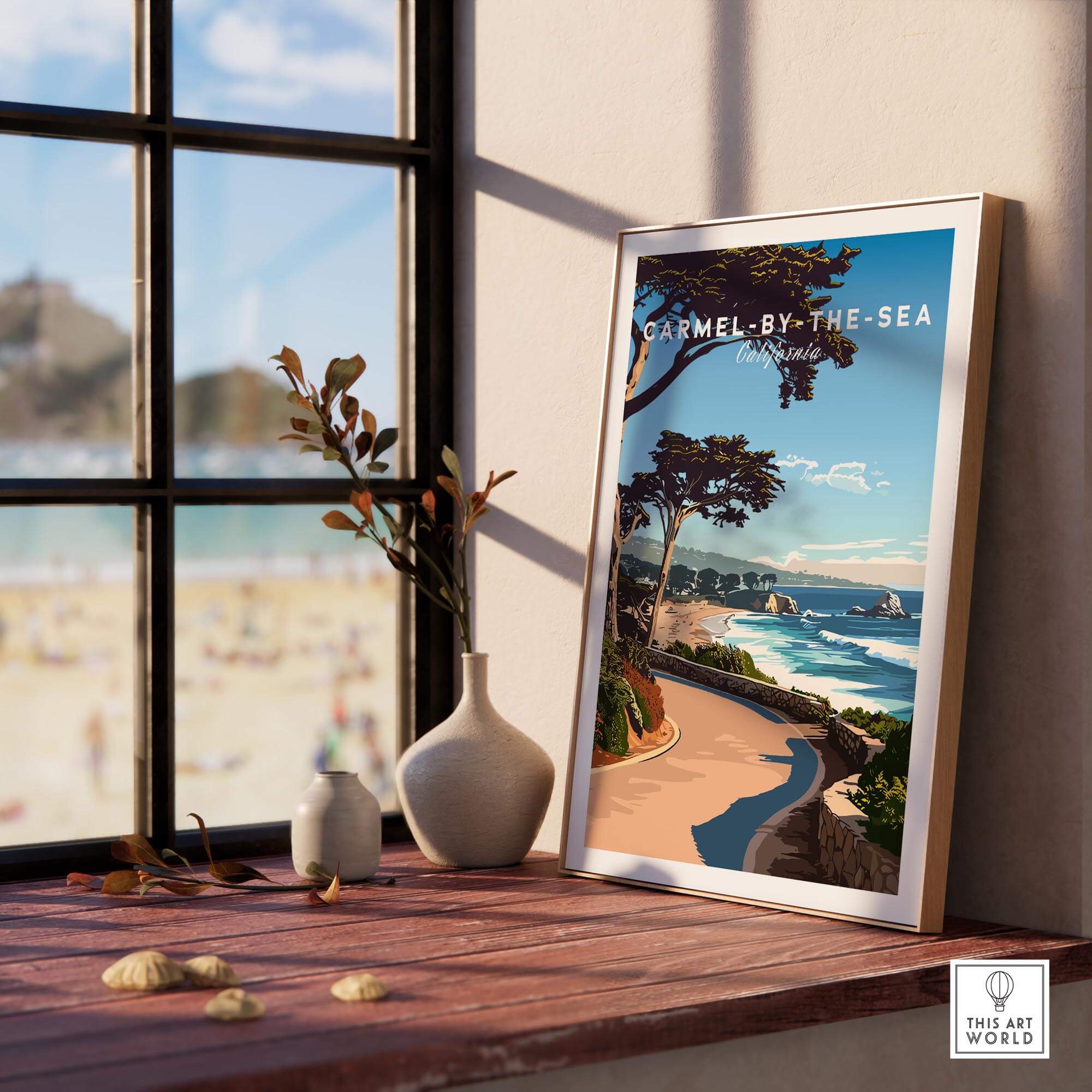 Carmel-by-the-Sea Poster Print displayed in a cozy indoor setting with coastal views.