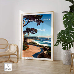 Carmel-by-the-Sea Poster Print showcasing vibrant coastal landscape in stylish interior decor.