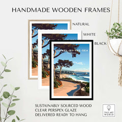 Carmel-by-the-Sea Poster Print in handmade wooden frames: natural, white, and black options, ready to hang.