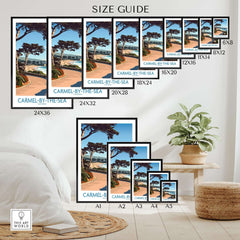 Carmel-by-the-Sea Wall Art Print size guide with various dimensions displayed in a cozy room setting.