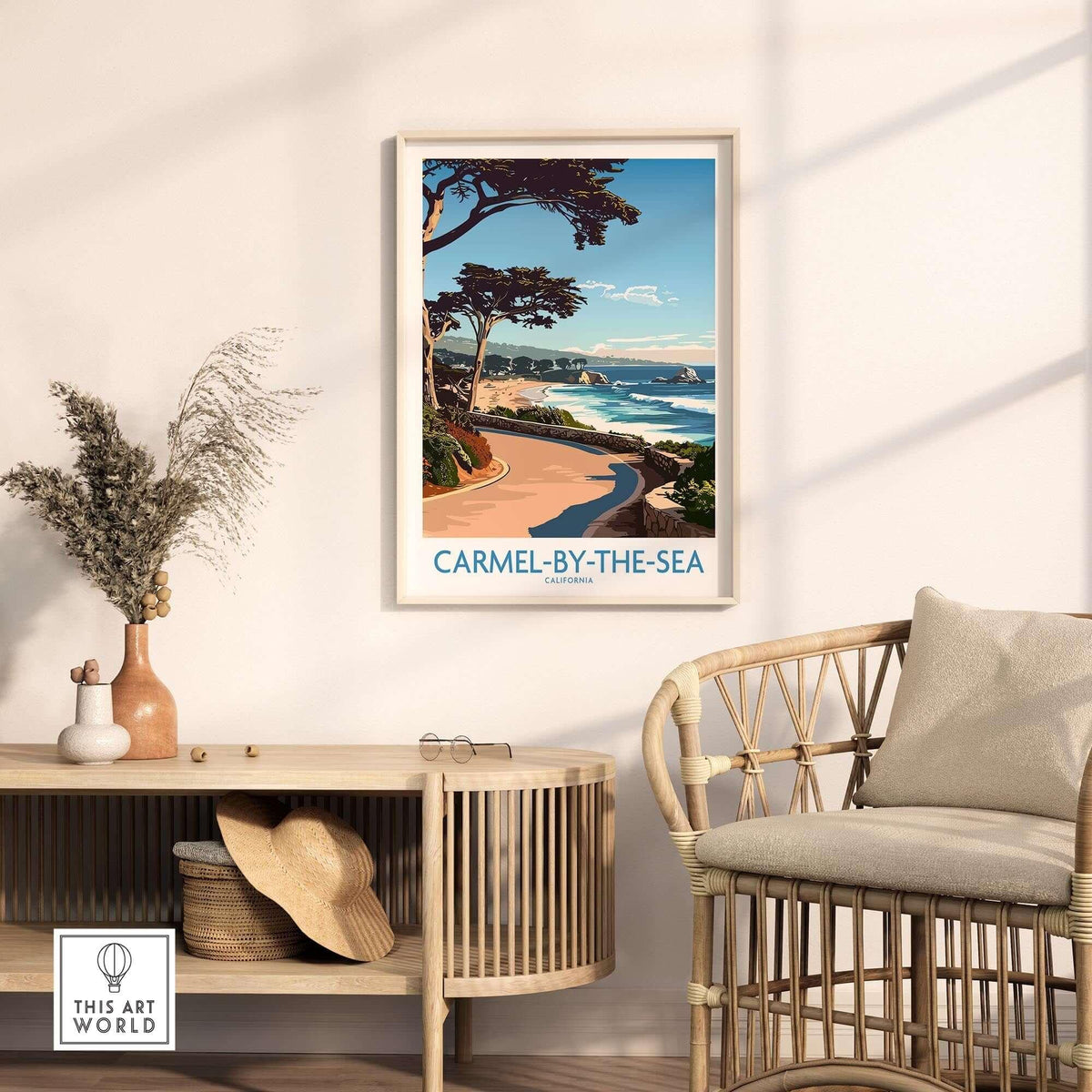 Carmel-by-the-Sea Wall Art Print featuring beach scenery in a stylish home interior.