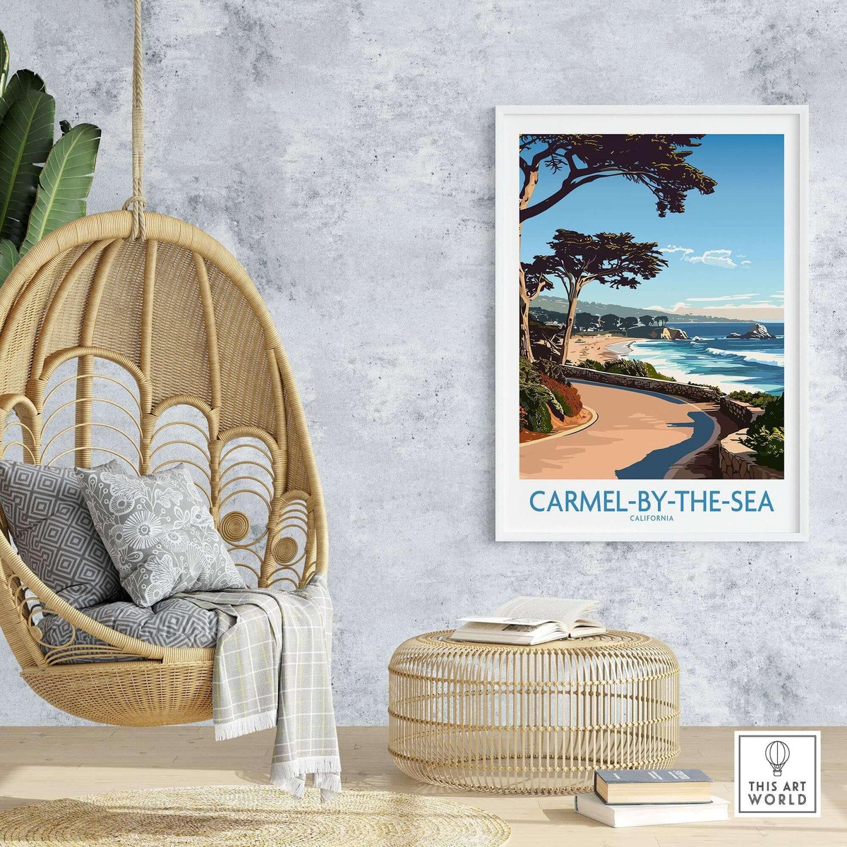 Carmel-by-the-Sea Wall Art Print showcasing beach scenery in a cozy interior setting.