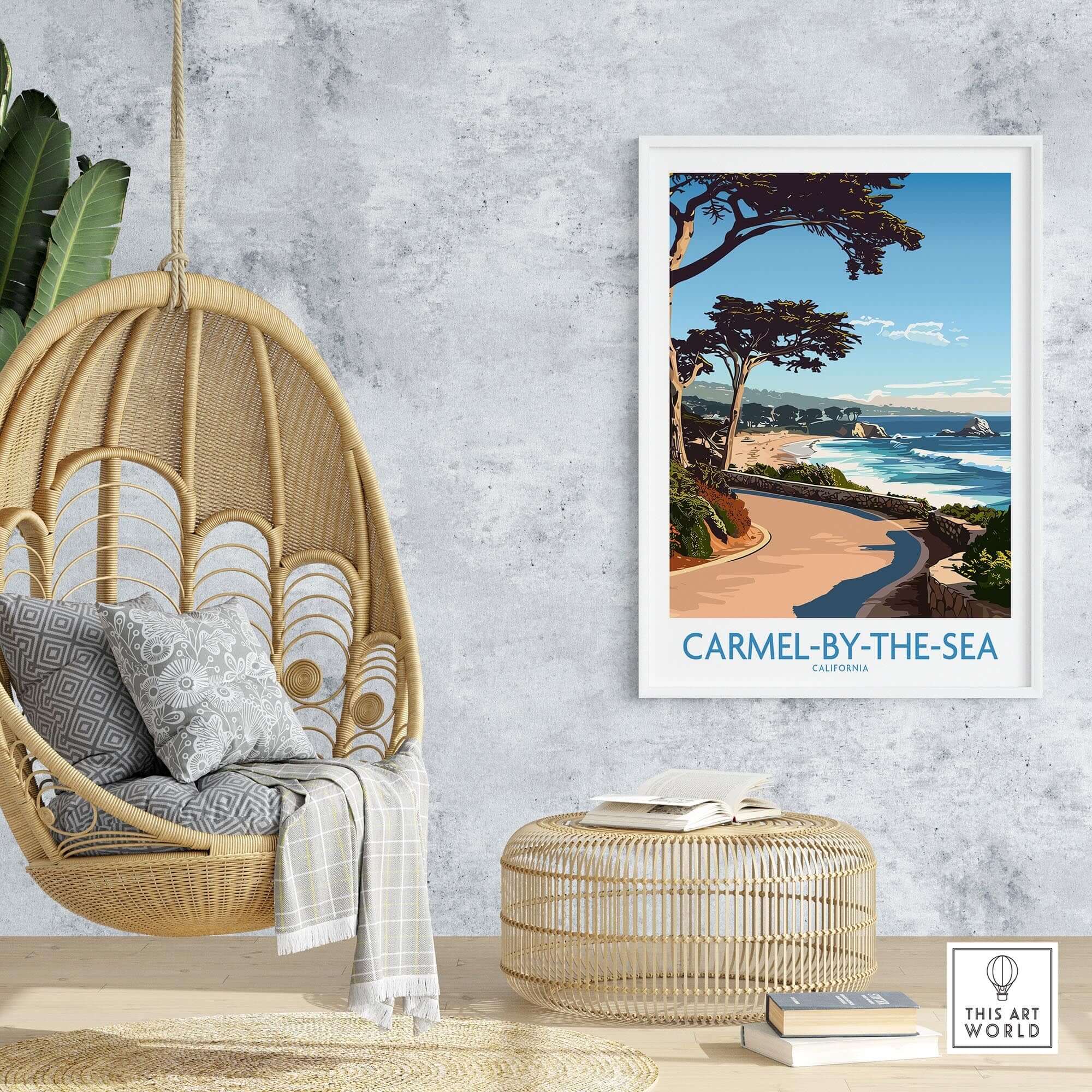 Carmel-by-the-Sea Wall Art Print showcasing beach scenery in a cozy interior setting.