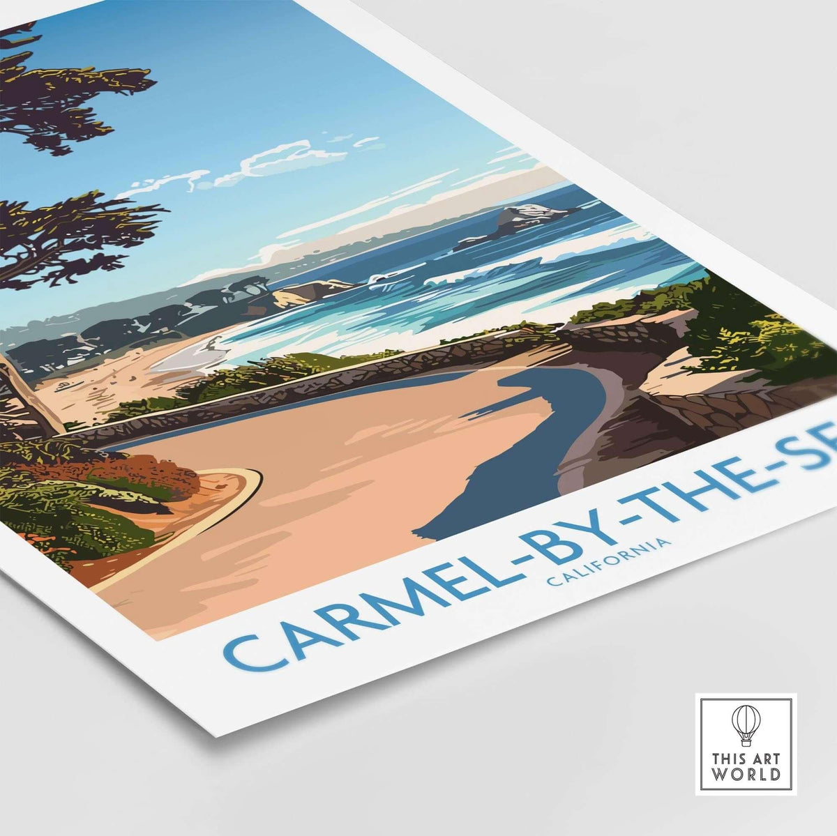 Carmel-by-the-Sea Wall Art Print showcasing a serene beach scene with vibrant colors and calming coastal vibes.