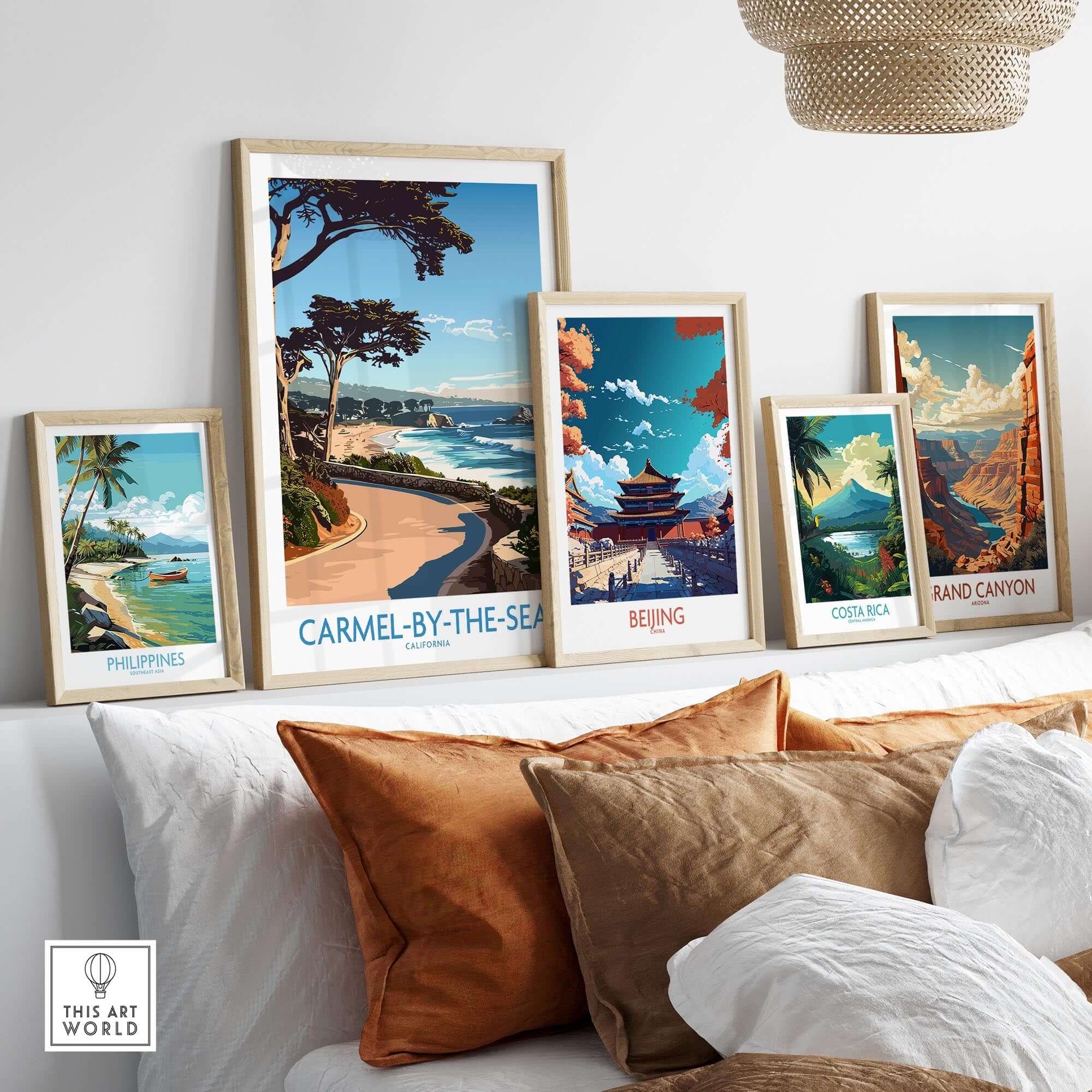 Carmel-by-the-Sea Wall Art Print displayed in a stylish room with travel-themed artwork.