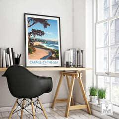 Carmel-by-the-Sea Wall Art Print showcasing a stunning beach view in a cozy interior setting.