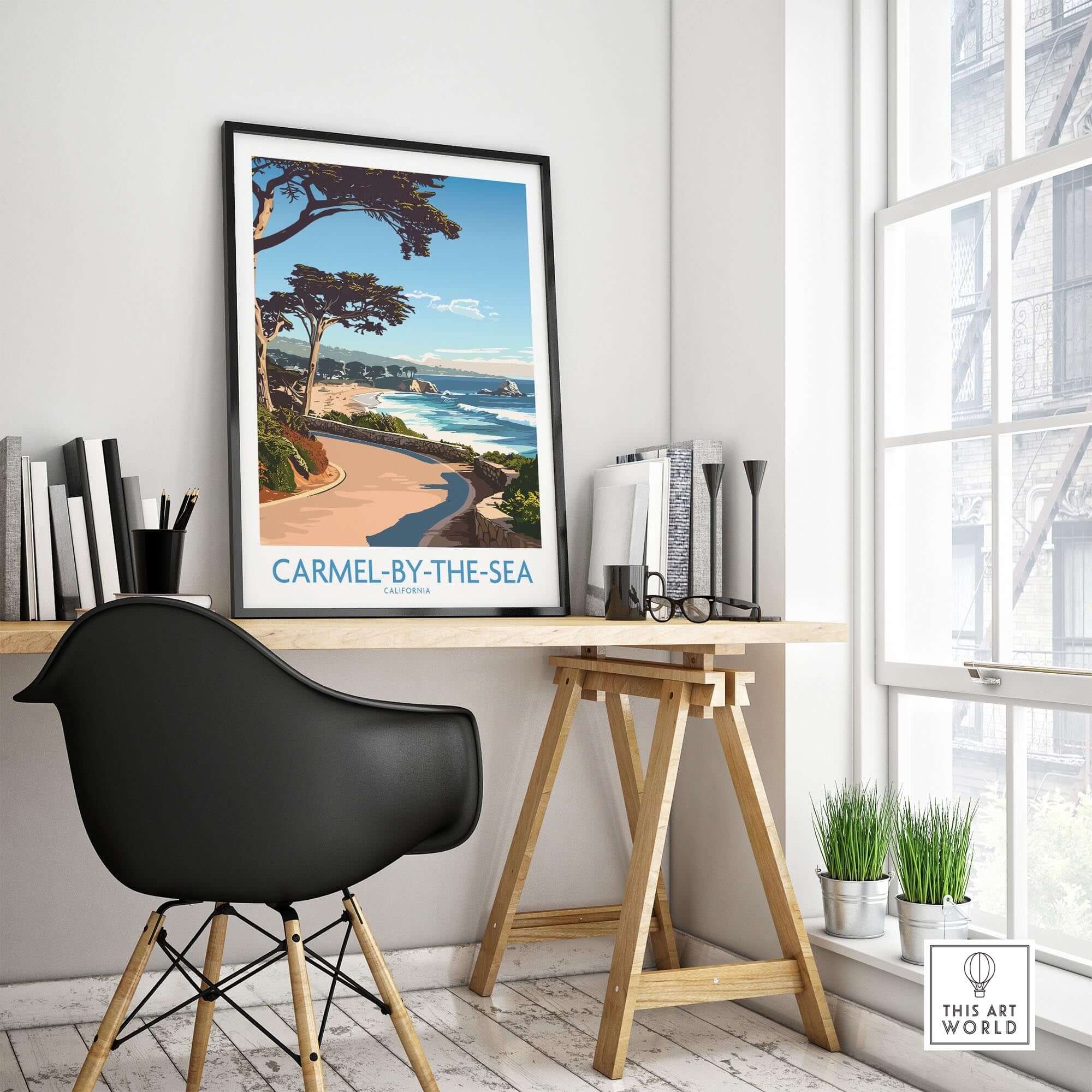 Carmel-by-the-Sea Wall Art Print showcasing a stunning beach view in a cozy interior setting.