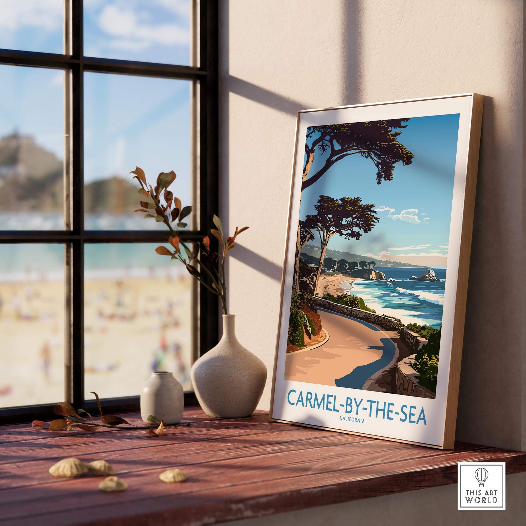 Carmel-by-the-Sea Wall Art Print showcasing a serene beach view, perfect for home decor and coastal tranquility.