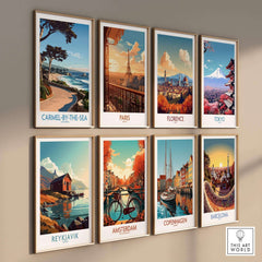 Carmel-by-the-Sea Wall Art Print displayed among various city prints, showcasing serene coastal scenery.