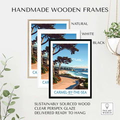 Carmel-by-the-Sea Wall Art Print in handmade wooden frames featuring natural, white, and black options.