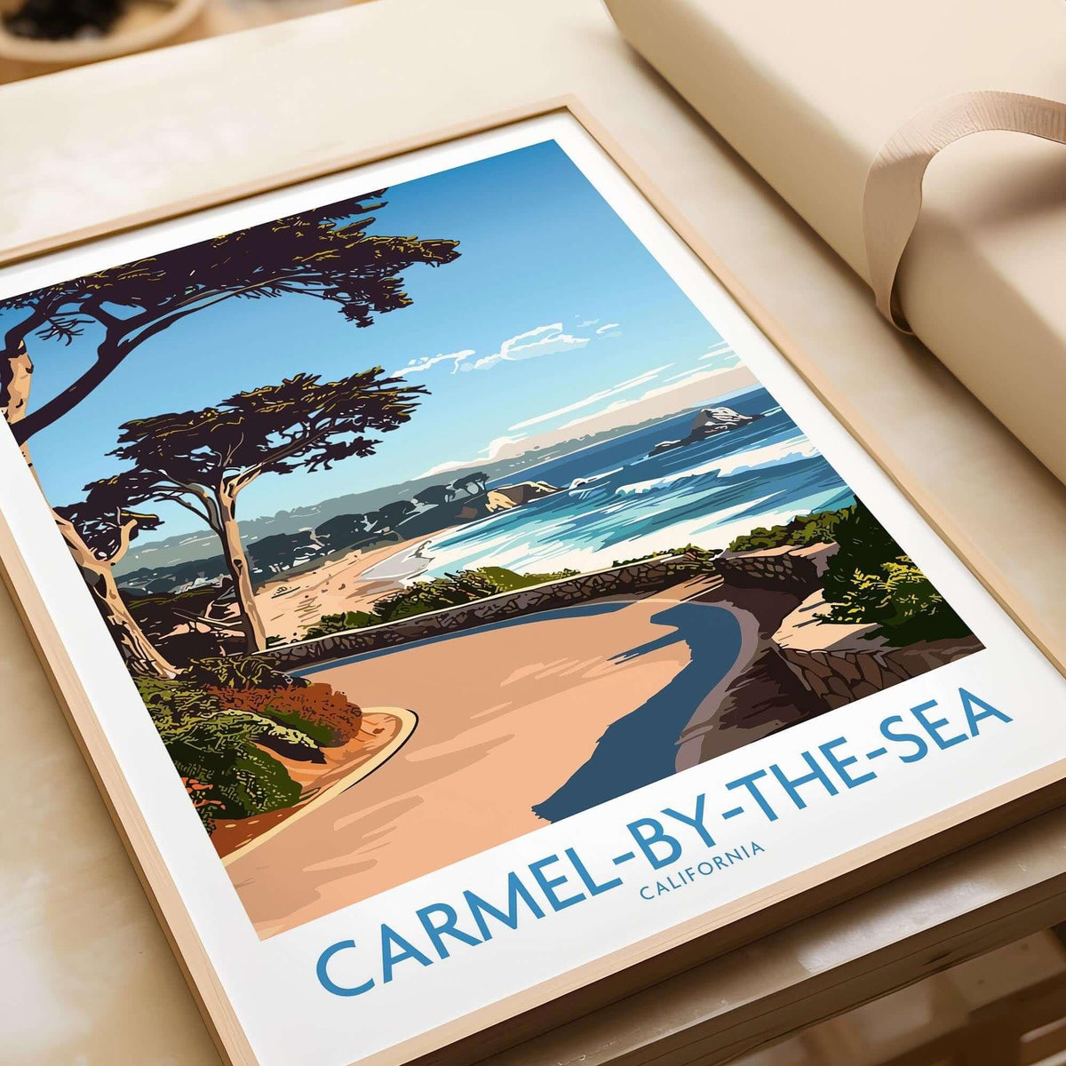 Carmel-by-the-Sea Wall Art Print featuring a coastal view of the serene California beach landscape.