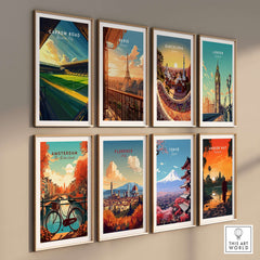 Carrow Road - Norwich City inspired Stadium Wall Art Print displayed with other city-themed prints on a wall.