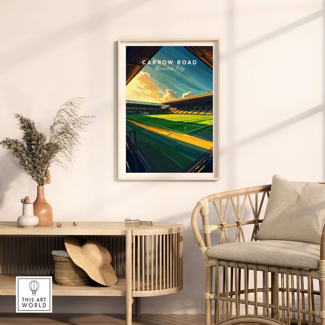 Carrow Road Norwich City stadium wall art print displayed in a stylish living room interior.