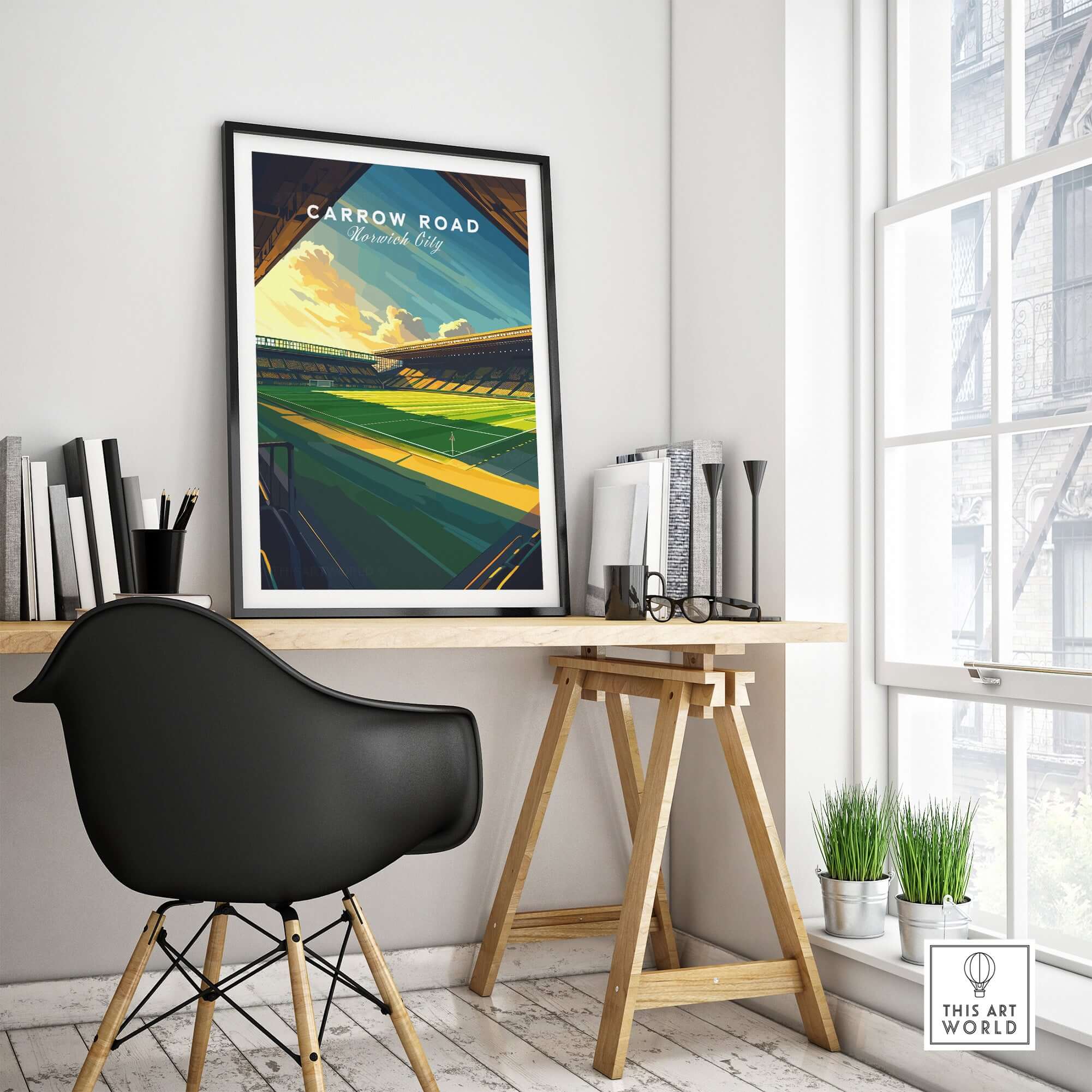 Carrow Road - Norwich City inspired Stadium Wall Art Print displayed in a modern home office setting.