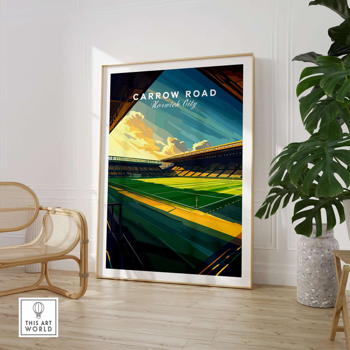 Carrow Road Norwich City stadium wall art print in a stylish interior setting, perfect for football fans.
