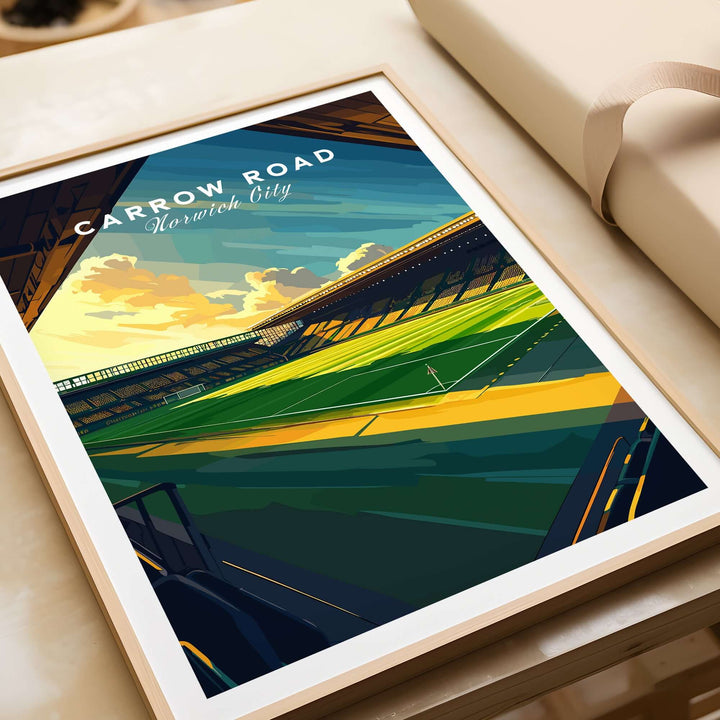 Carrow Road Norwich City stadium wall art print showcasing vibrant colors and dynamic perspective.