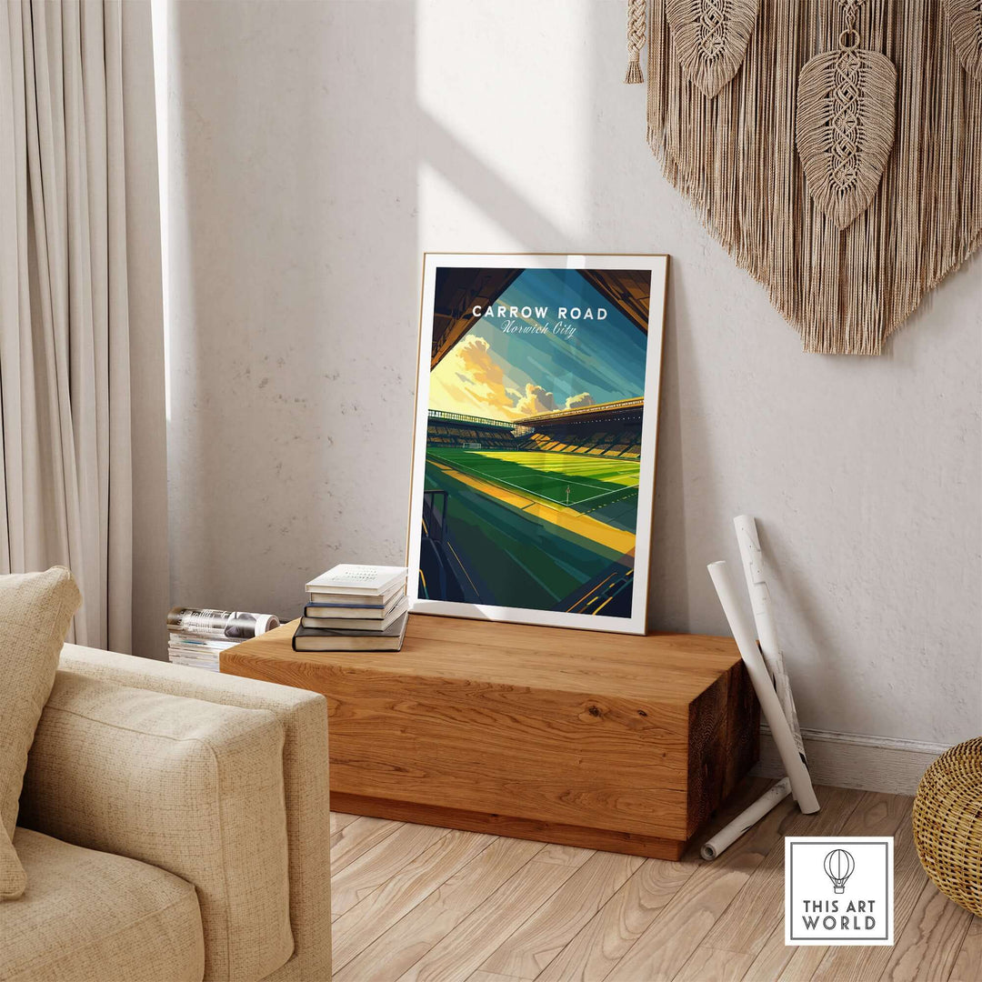Carrow Road Norwich City stadium wall art print displayed in modern living room decor